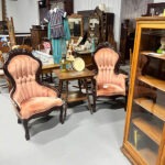 Coral Tufted Victorian Parlor Chairs with Wood Trim