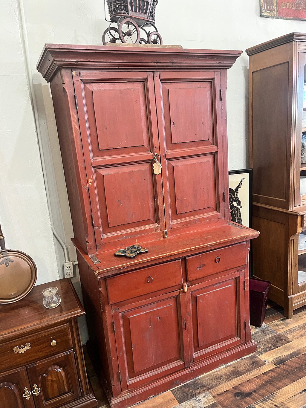 primitive wooden cabinet Antique Red-Painted Step Back Cupboard - Image 1